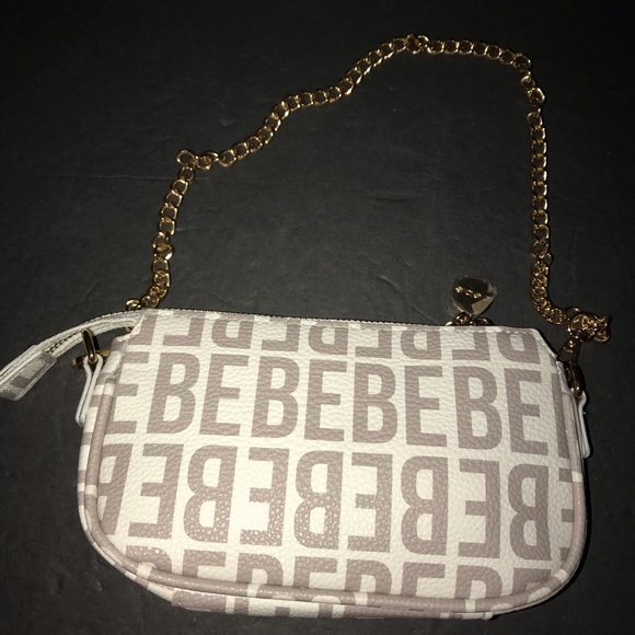 BEBE SHOULDER Crossbody BAG PURSE White All Over LOGO FAUX LEATHER SMALL NWOT - Picture 2 of 8